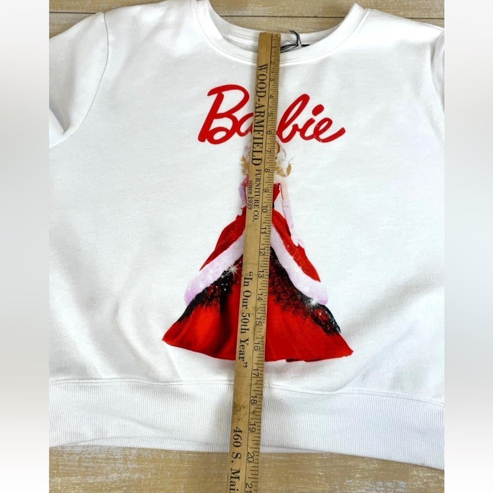 Barbie Doll In Xmas Dress White Crewneck Sweatshirt Juniors Large Nwt — image 3 of 8